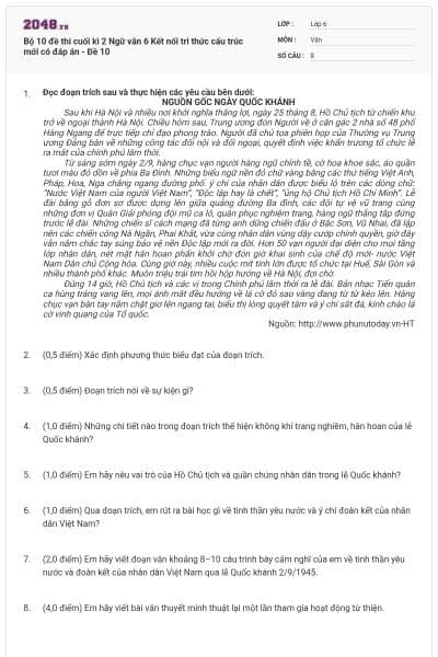 Bộ 10 đề thi cuối kì 2 Ngữ văn 6 Kết nối tri thức cấu trúc mới có đáp án - Đề 10