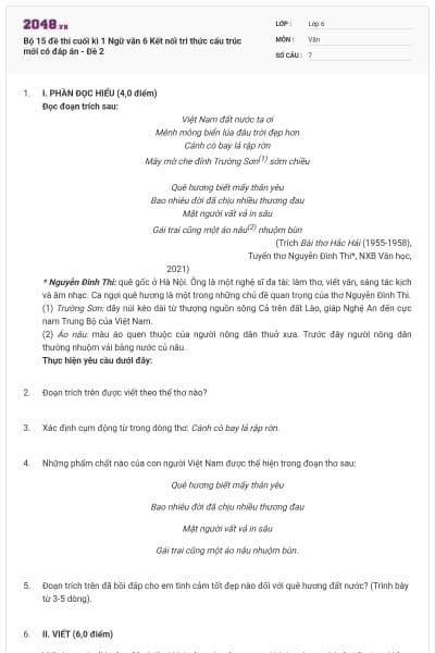 Bộ 15 đề thi cuối kì 1 Ngữ văn 6 Kết nối tri thức cấu trúc mới có đáp án - Đề 2
