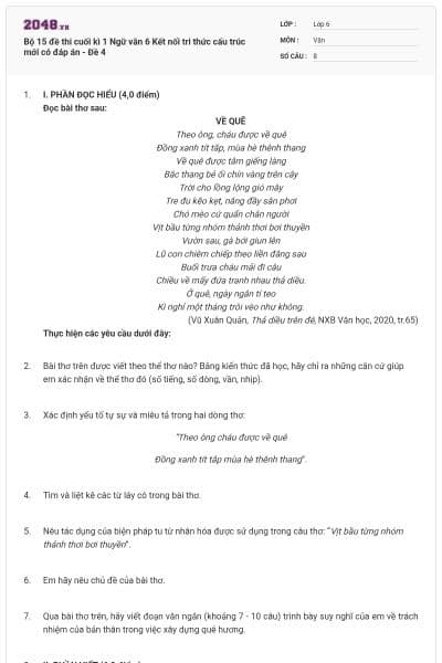Bộ 15 đề thi cuối kì 1 Ngữ văn 6 Kết nối tri thức cấu trúc mới có đáp án - Đề 4