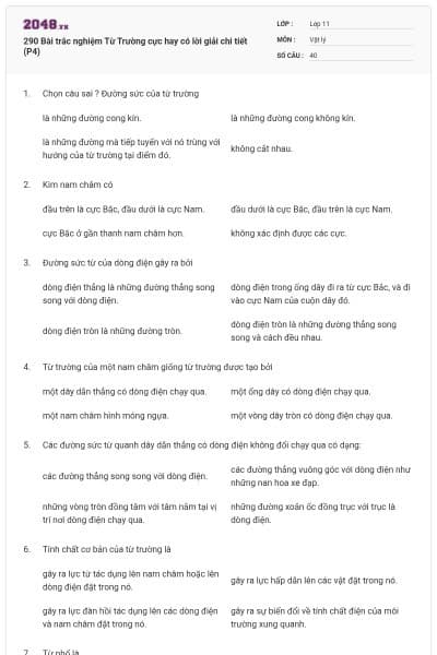 290 Bài trắc nghiệm Từ Trường cực hay có lời giải chi tiết (P4)