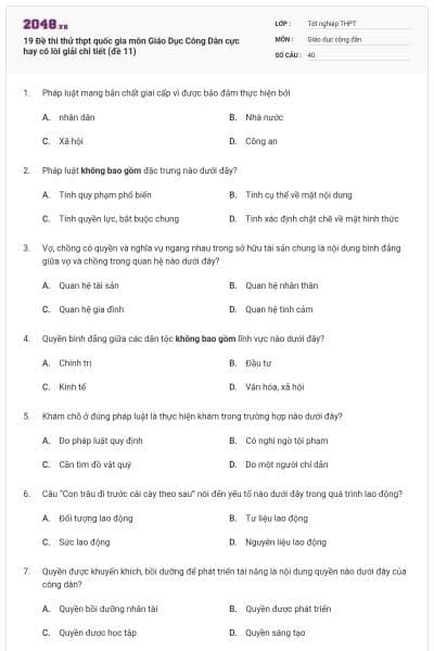 19 Đề thi thử thpt quốc gia môn Giáo Dục Công Dân cực hay có lời giải chi tiết (đề 11)