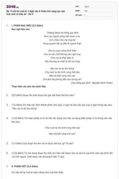 Bộ 15 đề thi cuối kì 1 Ngữ văn 6 Chân trời sáng tạo cấu trúc mới có đáp án - Đề 4