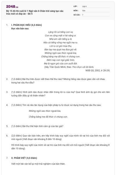 Bộ 15 đề thi cuối kì 1 Ngữ văn 6 Chân trời sáng tạo cấu trúc mới có đáp án - Đề 5