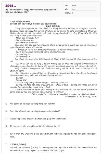 Bộ 15 đề thi cuối kì 1 Ngữ văn 6 Chân trời sáng tạo cấu trúc mới có đáp án - Đề 7