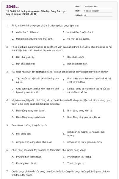 19 Đề thi thử thpt quốc gia môn Giáo Dục Công Dân cực hay có lời giải chi tiết (đề 12)