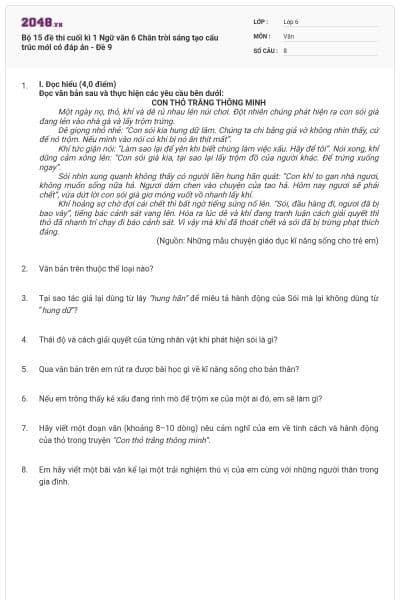 Bộ 15 đề thi cuối kì 1 Ngữ văn 6 Chân trời sáng tạo cấu trúc mới có đáp án - Đề 9