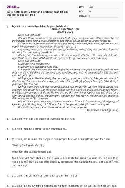 Bộ 10 đề thi cuối kì 2 Ngữ văn 6 Chân trời sáng tạo cấu trúc mới có đáp án - Đề 3