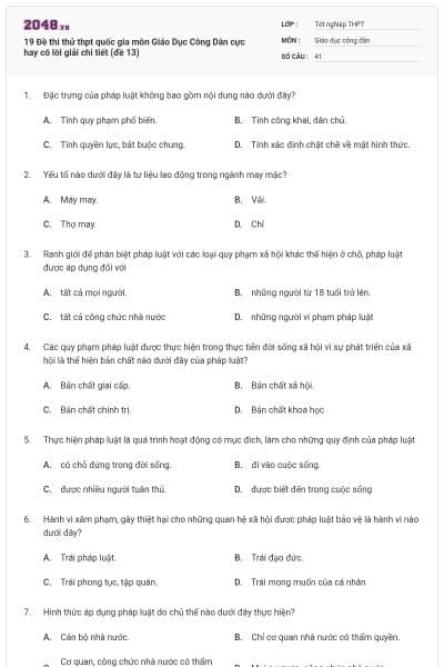 19 Đề thi thử thpt quốc gia môn Giáo Dục Công Dân cực hay có lời giải chi tiết (đề 13)