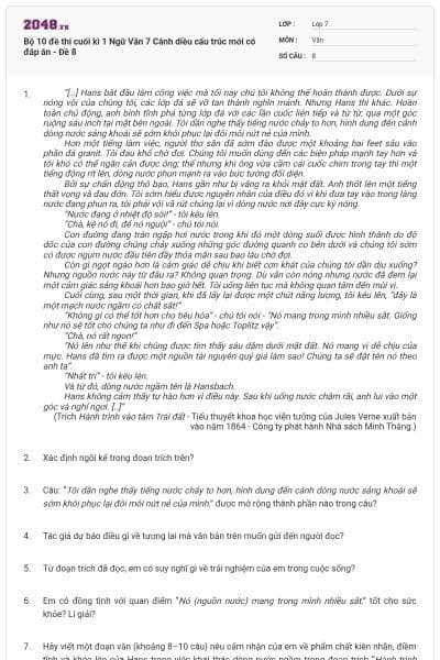 Bộ 10 đề thi cuối kì 1 Ngữ Văn 7 Cánh diều cấu trúc mới có đáp án - Đề 8