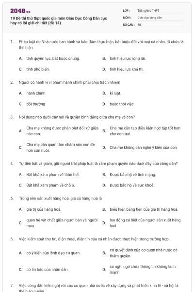 19 Đề thi thử thpt quốc gia môn Giáo Dục Công Dân cực hay có lời giải chi tiết (đề 14)