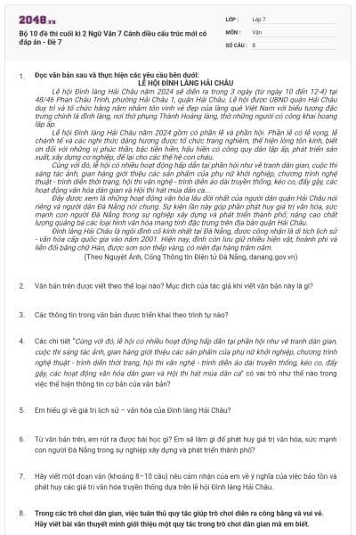 Bộ 10 đề thi cuối kì 2 Ngữ Văn 7 Cánh diều cấu trúc mới có đáp án - Đề 7