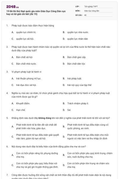 19 Đề thi thử thpt quốc gia môn Giáo Dục Công Dân cực hay có lời giải chi tiết (đề 15)