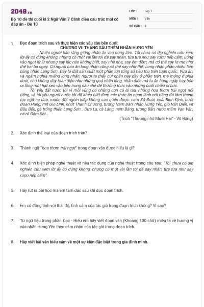 Bộ 10 đề thi cuối kì 2 Ngữ Văn 7 Cánh diều cấu trúc mới có đáp án - Đề 10