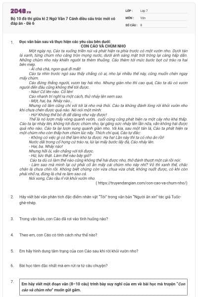 Bộ 10 đề thi giữa kì 2 Ngữ Văn 7 Cánh diều cấu trúc mới có đáp án - Đề 6