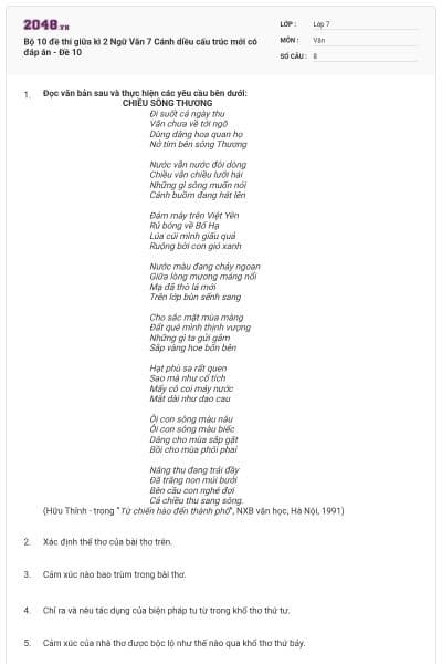 Bộ 10 đề thi giữa kì 2 Ngữ Văn 7 Cánh diều cấu trúc mới có đáp án - Đề 10