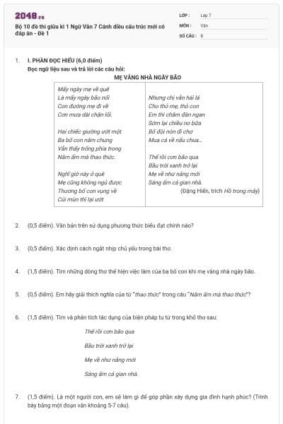 Bộ 10 đề thi giữa kì 1 Ngữ Văn 7 Cánh diều cấu trúc mới có đáp án - Đề 1