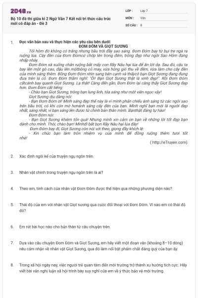 Bộ 10 đề thi giữa kì 2 Ngữ Văn 7 Kết nối tri thức cấu trúc mới có đáp án - Đề 3