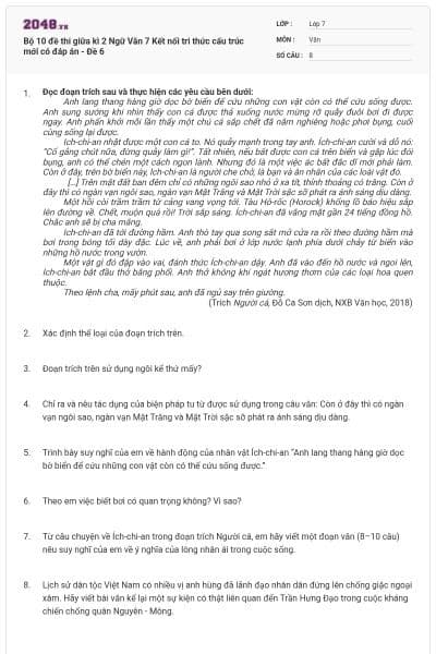 Bộ 10 đề thi giữa kì 2 Ngữ Văn 7 Kết nối tri thức cấu trúc mới có đáp án - Đề 6