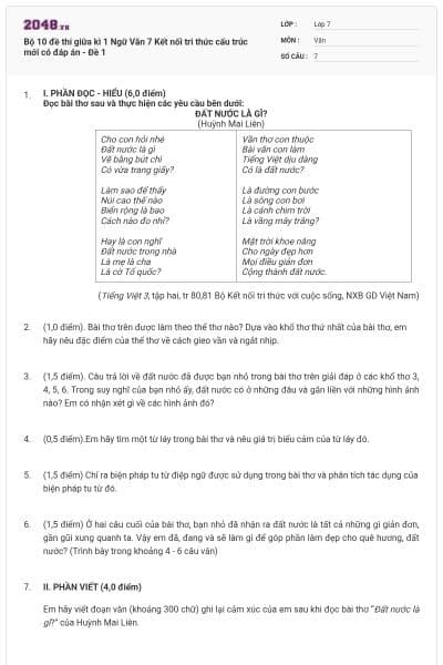 Bộ 10 đề thi giữa kì 1 Ngữ Văn 7 Kết nối tri thức cấu trúc mới có đáp án - Đề 1