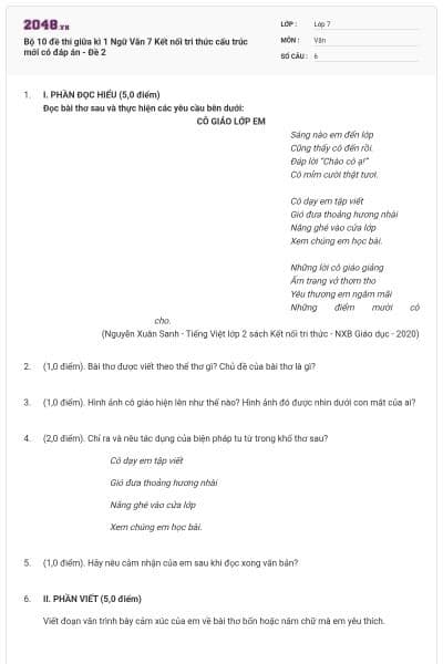 Bộ 10 đề thi giữa kì 1 Ngữ Văn 7 Kết nối tri thức cấu trúc mới có đáp án - Đề 2