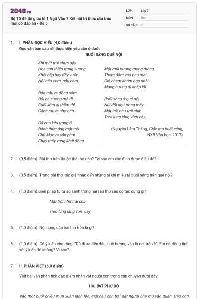 Bộ 10 đề thi giữa kì 1 Ngữ Văn 7 Kết nối tri thức cấu trúc mới có đáp án - Đề 5