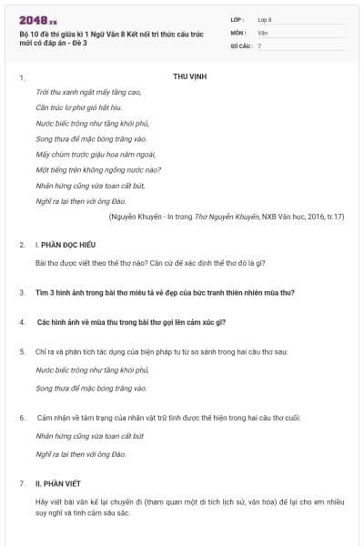 Bộ 10 đề thi giữa kì 1 Ngữ Văn 8 Kết nối tri thức cấu trúc mới có đáp án - Đề 3