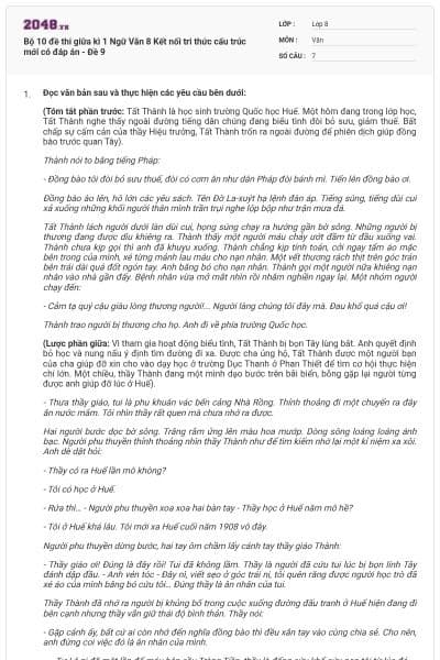 Bộ 10 đề thi giữa kì 1 Ngữ Văn 8 Kết nối tri thức cấu trúc mới có đáp án - Đề 9