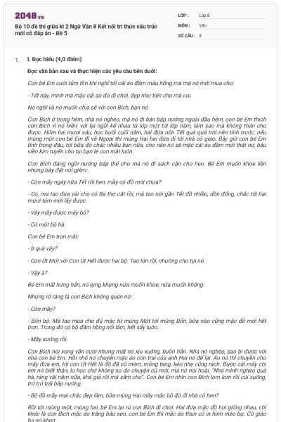 Bộ 10 đề thi giữa kì 2 Ngữ Văn 8 Kết nối tri thức cấu trúc mới có đáp án - Đề 5