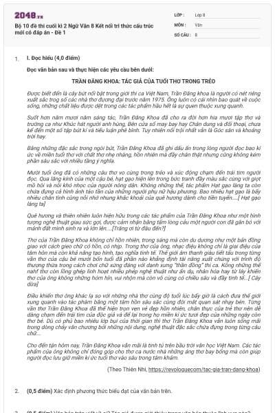 Bộ 10 đề thi cuối kì 2 Ngữ Văn 8 Kết nối tri thức cấu trúc mới có đáp án - Đề 1