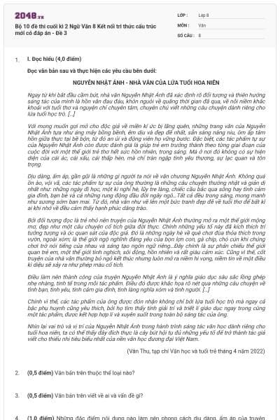 Bộ 10 đề thi cuối kì 2 Ngữ Văn 8 Kết nối tri thức cấu trúc mới có đáp án - Đề 3