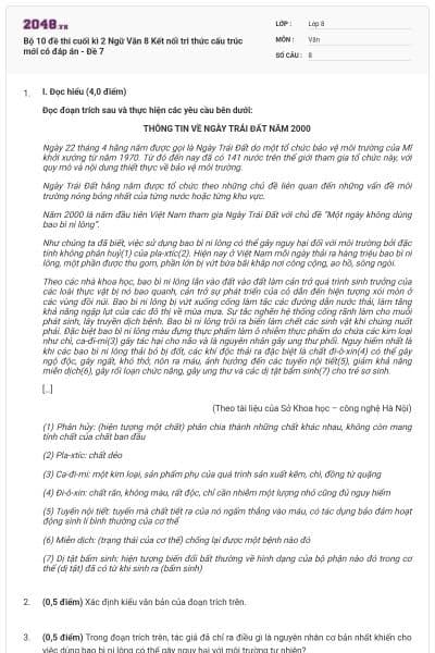 Bộ 10 đề thi cuối kì 2 Ngữ Văn 8 Kết nối tri thức cấu trúc mới có đáp án - Đề 7