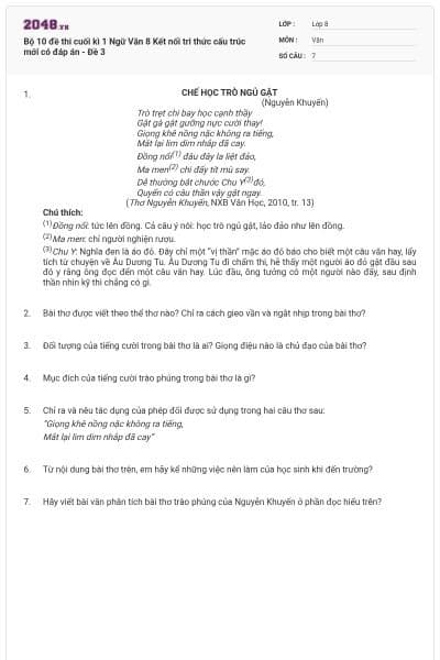 Bộ 10 đề thi cuối kì 1 Ngữ Văn 8 Kết nối tri thức cấu trúc mới có đáp án - Đề 3