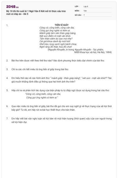 Bộ 10 đề thi cuối kì 1 Ngữ Văn 8 Kết nối tri thức cấu trúc mới có đáp án - Đề 5