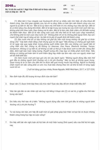 Bộ 10 đề thi cuối kì 1 Ngữ Văn 8 Kết nối tri thức cấu trúc mới có đáp án - Đề 10