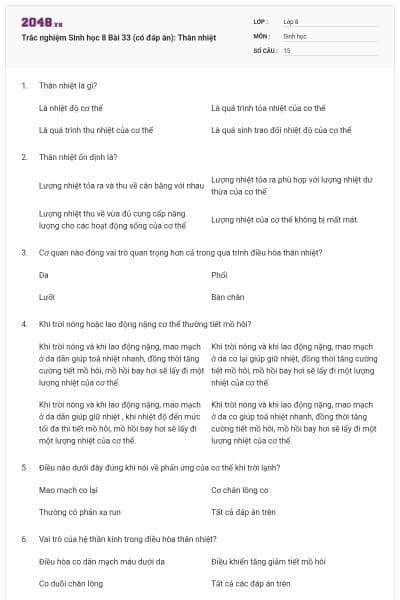 Trắc nghiệm Sinh học 8 Bài 33 (có đáp án): Thân nhiệt