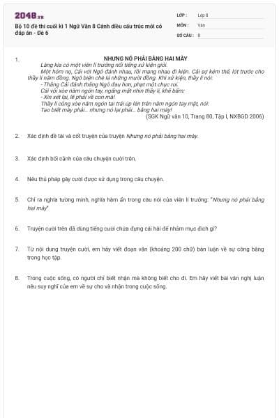 Bộ 10 đề thi cuối kì 1 Ngữ Văn 8 Cánh diều cấu trúc mới có đáp án - Đề 6