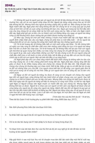 Bộ 10 đề thi cuối kì 1 Ngữ Văn 8 Cánh diều cấu trúc mới có đáp án - Đề 7