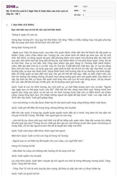 Bộ 10 đề thi cuối kì 2 Ngữ Văn 8 Cánh diều cấu trúc mới có đáp án - Đề 1