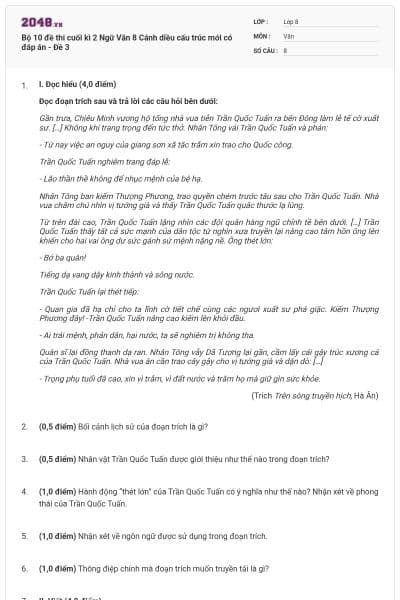 Bộ 10 đề thi cuối kì 2 Ngữ Văn 8 Cánh diều cấu trúc mới có đáp án - Đề 3