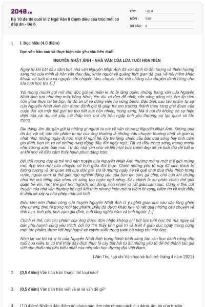 Bộ 10 đề thi cuối kì 2 Ngữ Văn 8 Cánh diều cấu trúc mới có đáp án - Đề 6