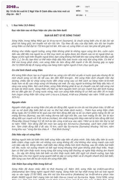 Bộ 10 đề thi cuối kì 2 Ngữ Văn 8 Cánh diều cấu trúc mới có đáp án - Đề 7