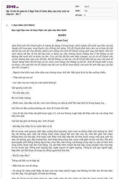 Bộ 10 đề thi giữa kì 2 Ngữ Văn 8 Cánh diều cấu trúc mới có đáp án - Đề 1