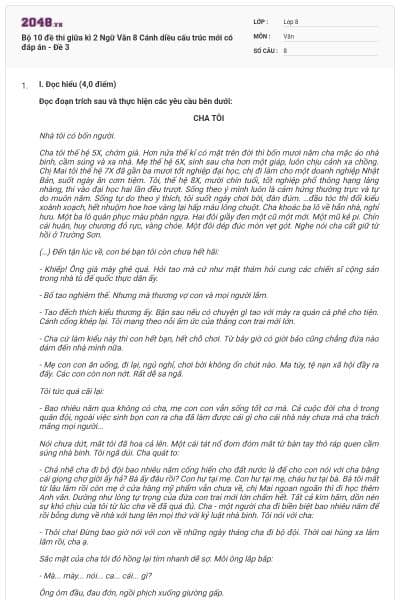 Bộ 10 đề thi giữa kì 2 Ngữ Văn 8 Cánh diều cấu trúc mới có đáp án - Đề 3