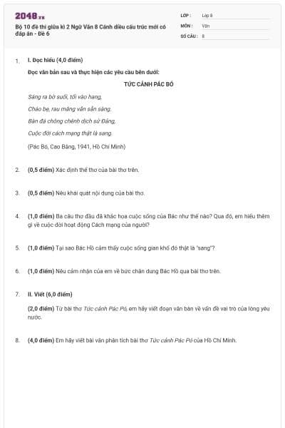 Bộ 10 đề thi giữa kì 2 Ngữ Văn 8 Cánh diều cấu trúc mới có đáp án - Đề 6