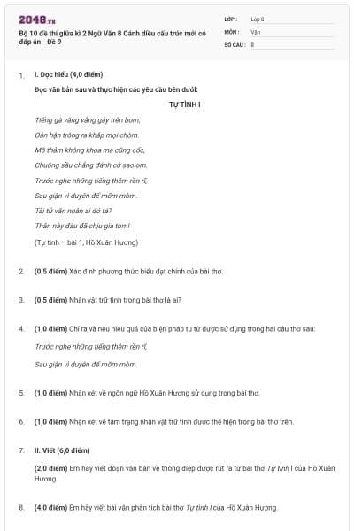 Bộ 10 đề thi giữa kì 2 Ngữ Văn 8 Cánh diều cấu trúc mới có đáp án - Đề 9
