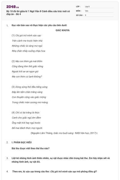 Bộ 10 đề thi giữa kì 1 Ngữ Văn 8 Cánh diều cấu trúc mới có đáp án - Đề 4