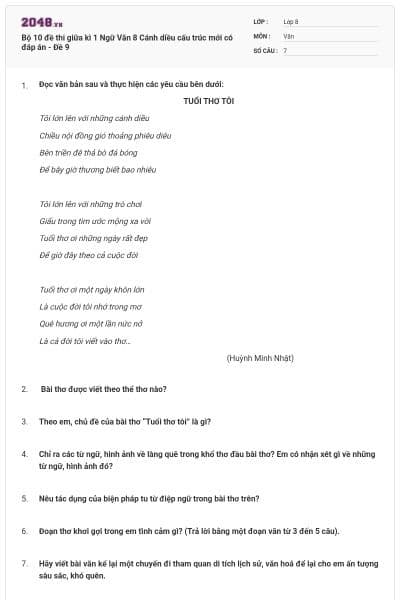 Bộ 10 đề thi giữa kì 1 Ngữ Văn 8 Cánh diều cấu trúc mới có đáp án - Đề 9