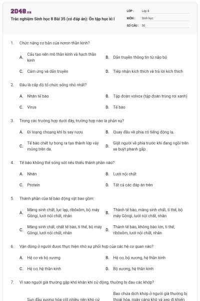 Trắc nghiệm Sinh học 8 Bài 35 (có đáp án): Ôn tập học kì I