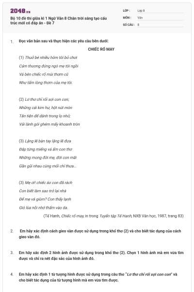 Bộ 10 đề thi giữa kì 1 Ngữ Văn 8 Chân trời sáng tạo cấu trúc mới có đáp án - Đề 7
