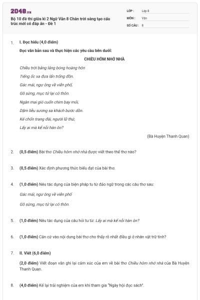 Bộ 10 đề thi giữa kì 2 Ngữ Văn 8 Chân trời sáng tạo cấu trúc mới có đáp án - Đề 1